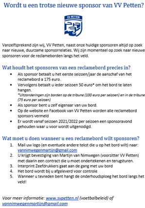 Flyer sponsoring VV Petten DEC 2020