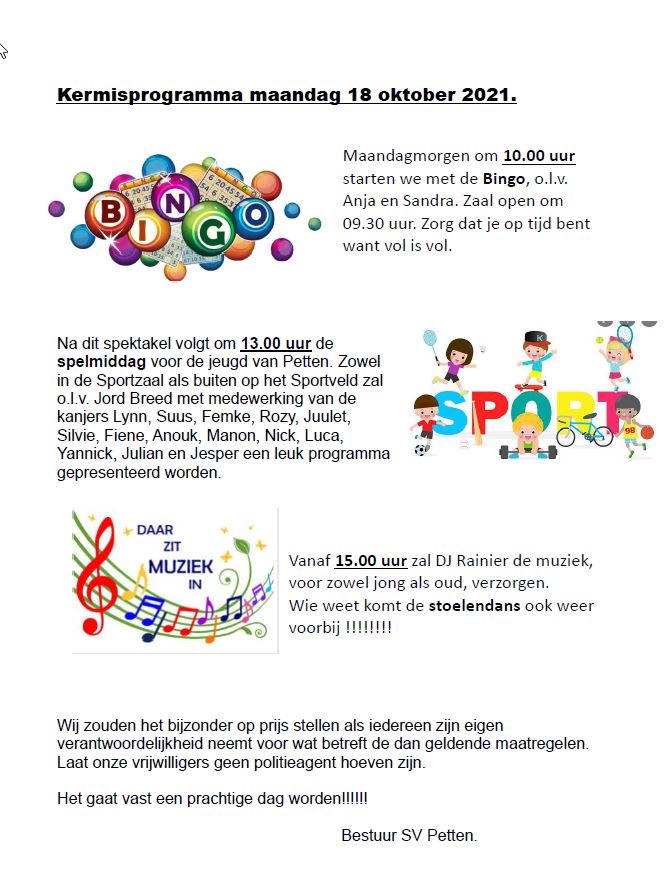 Kermis programma maandag 18 oktober