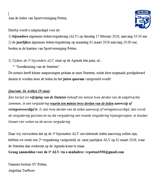 BIJZONDERE Algemene Ledenvergadering SV Petten