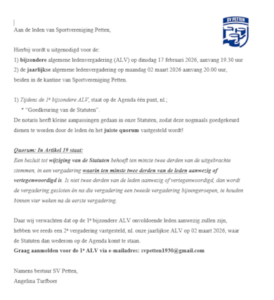 Uitnodiging ALV-SVP 2026 twee bijeenkomsten ivm statuten